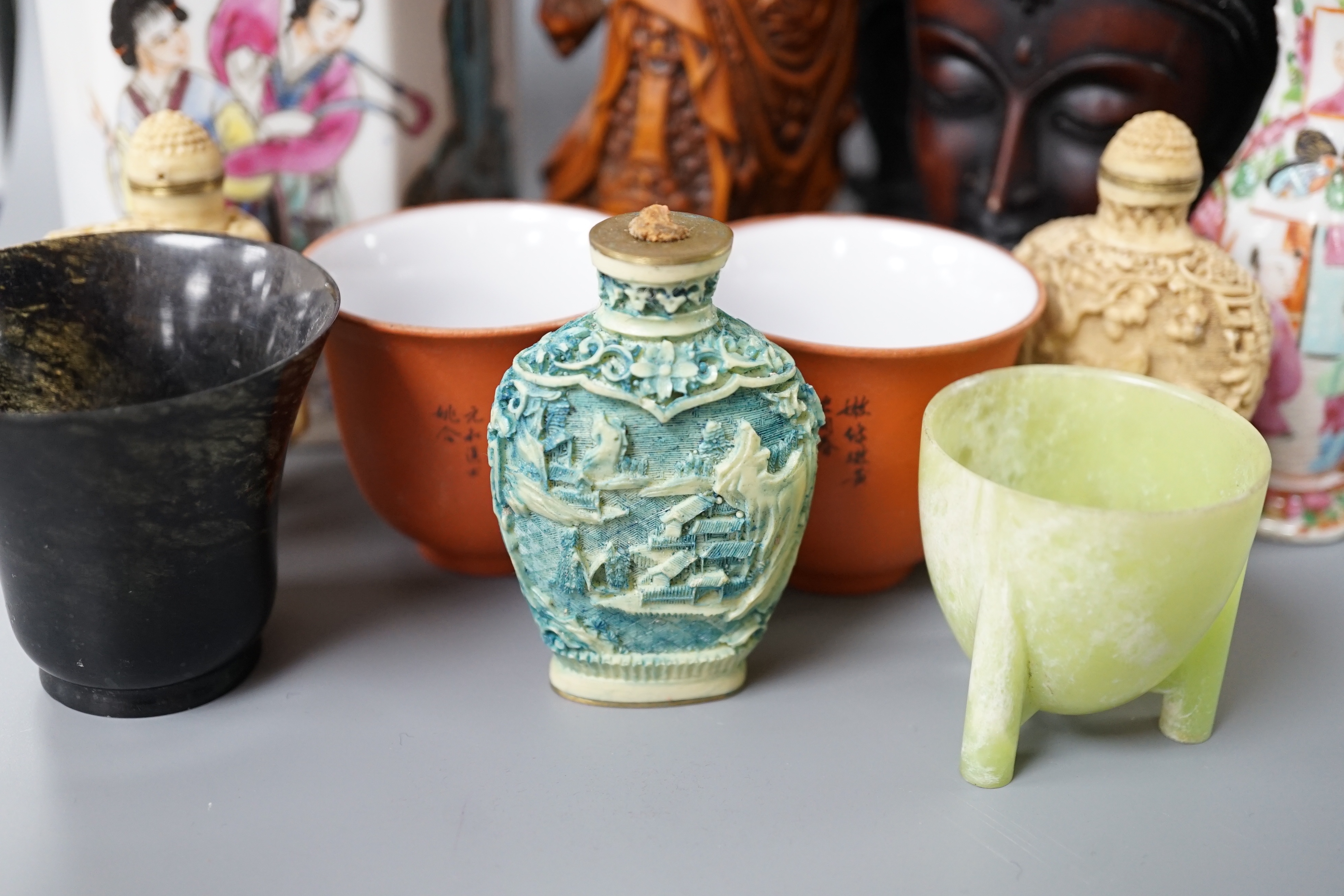 A Chinese famille rose brush pot together with other various oriental ceramics and figures (12)